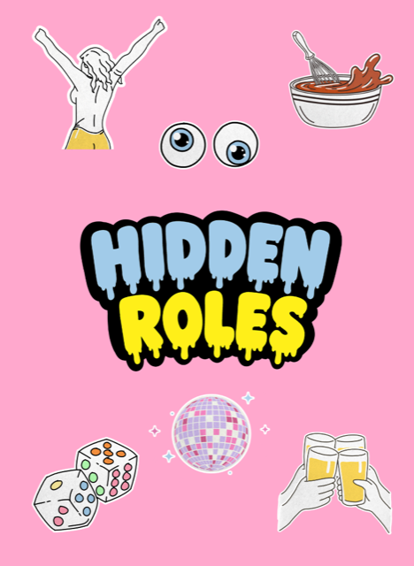 Hidden Roles card back, pink with dice, a disco ball, eyes and a stirring bowl